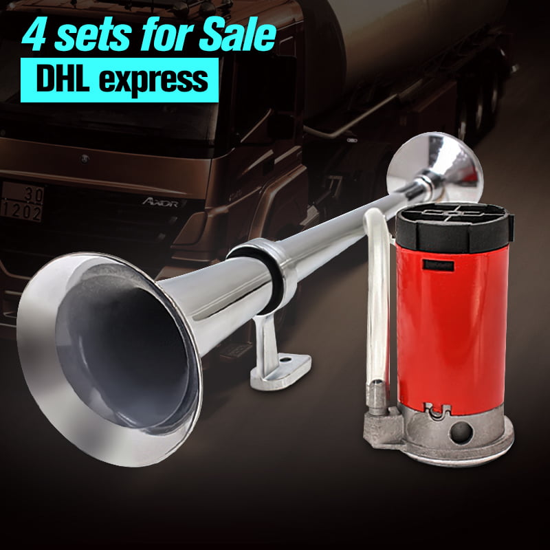 DHUILE Car Horn 12V 150db air horn car speaker 430mm Chrome Zinc Single Trumpet Truck electric horn with Compressor for Any 12V Vehicles Lorrys Trucks Trains Boats Cars