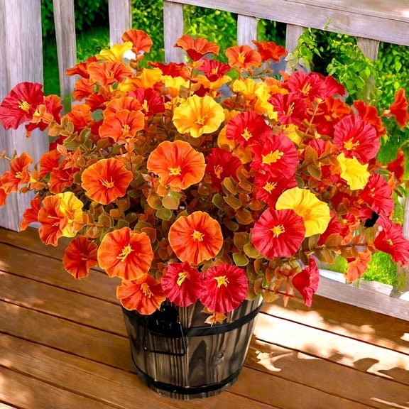 12PCS Artificial Mums Outdoor, Fake Mums Fall Flowers Artificial Plants Outdoor UV Resistant, Silk Morning Glory Eucalyptus Faux Flowers for Planter Porch Yard Patio