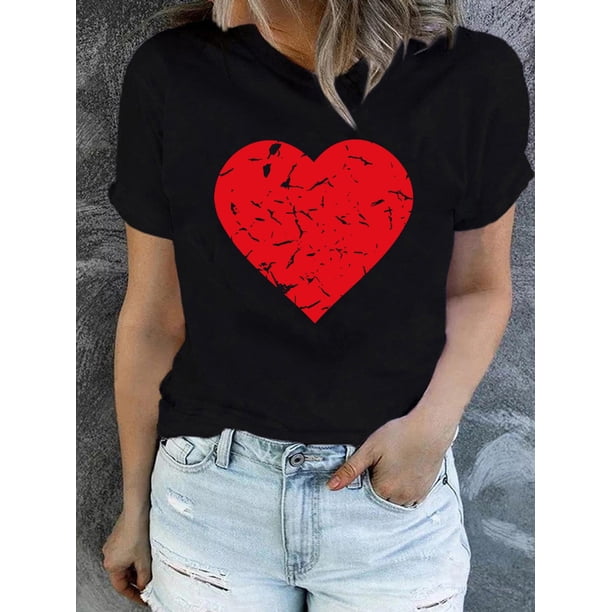 1pc Women'S Casual Round Neck T-Shirt with Red Heart Print, 100% Cotton Knit Fabric, Regular Length, Summer Style - j05 Short Sleeve Collection Tee For Adult, Men, Women, Teen, Teenager, Adolescent,