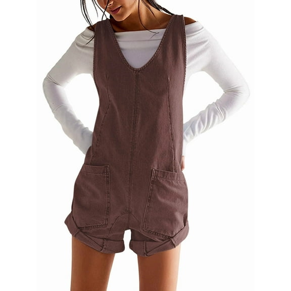 Womens Overalls Shorts Casual Summer Romper V Neck Sleeveless Jumpsuits Shortalls Loose Fit Brown S