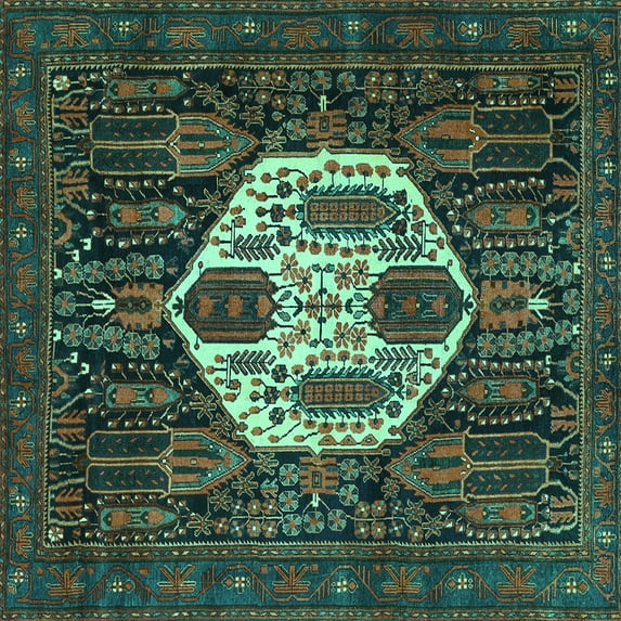 Ahgly Company Indoor Square Medallion Turquoise Blue Traditional Area Rugs, 4' Square