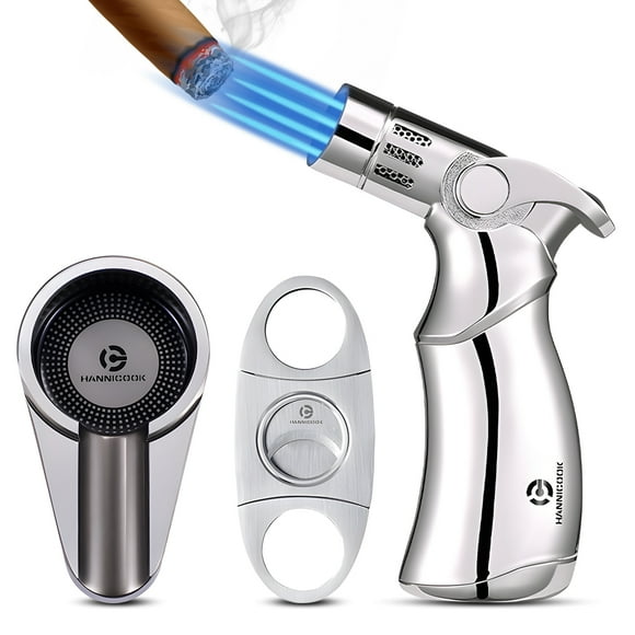 Cigar Cutter and Lighter Ashtray 3 Pieces Set Stainless Steel Sharp Cigar Cutter and Quadruple Jet Flame Lighter and Travel Single Cigar Ashtray with Gift Box Cigar Accessories for Men