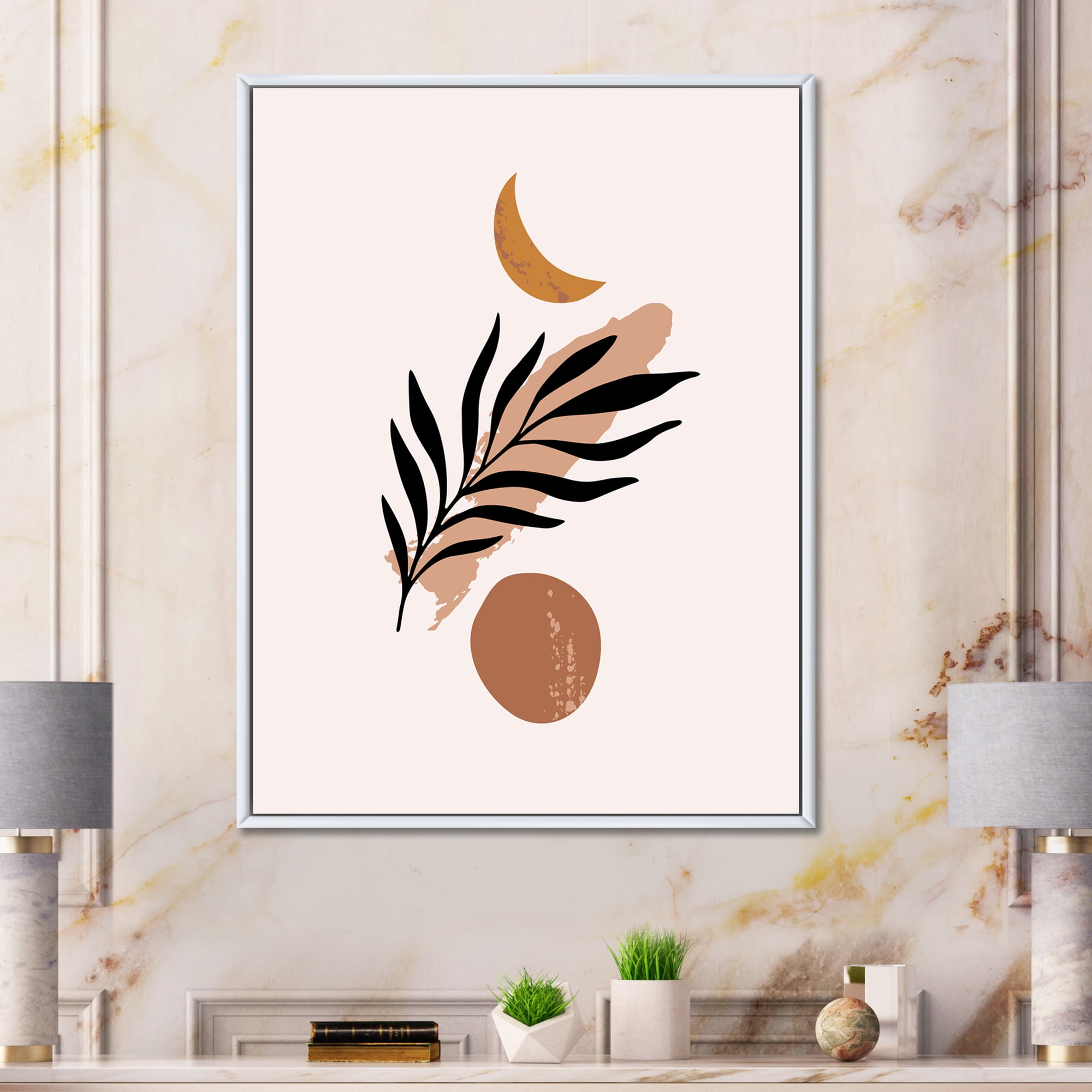 Designart 'Abstact Tropical Palm Leaf, Minimal Sun And Moon I' Modern Framed Canvas Wall Art Print