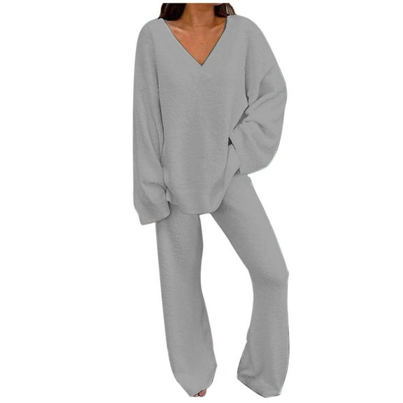 UJNDER Women's Two Piece Pullover Sweater Set Oversized V Neck Tops Wide Leg Long Pants Tracksuit Outfit Pant Suits for Women Grey XXXL