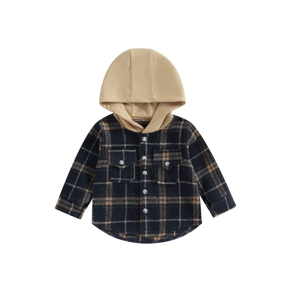 Toddler Baby Boy Girl Fall Winter Clothes Flannel Hooded Plaid Shirt Jacket Button Down Shacket