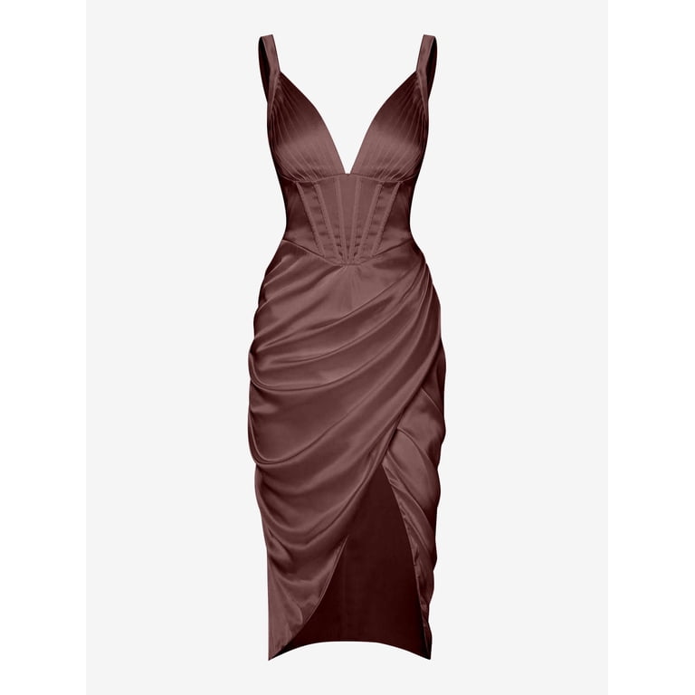 ZAFUL Women Sexy Prom Dress Silky Pleated Bustier Corset-style Draped Midi  Dress Deep Coffee XS - Walmart.com
