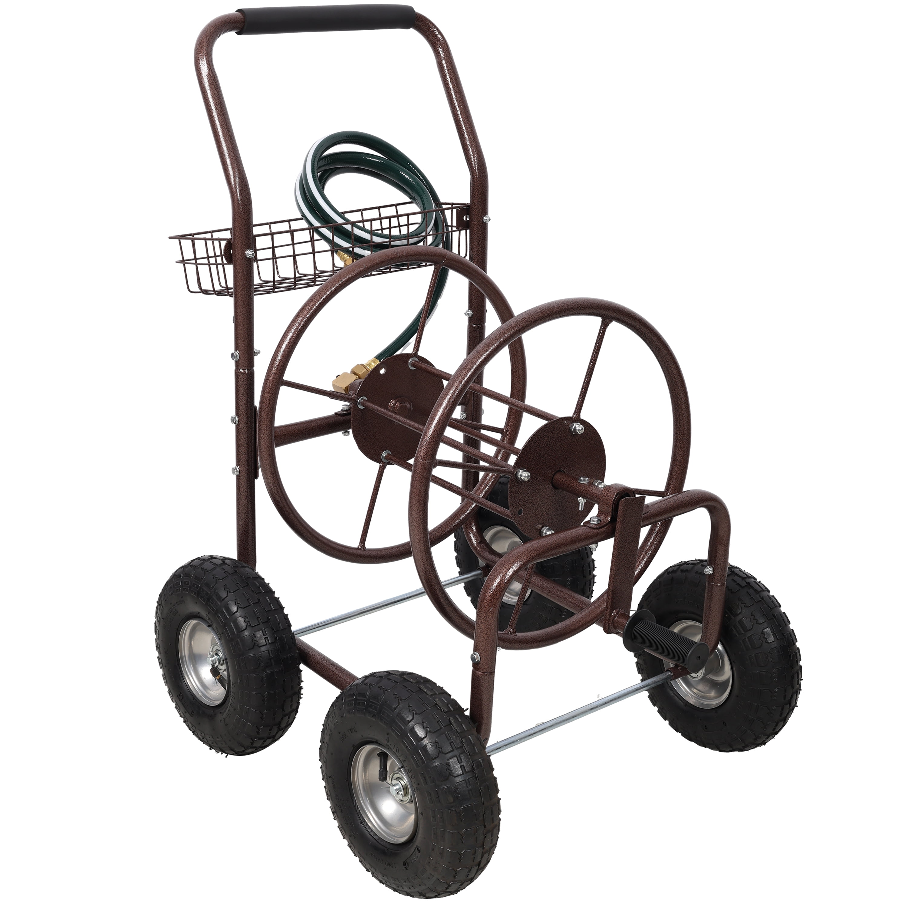 Bronze Steel Hose Reel Cart with Wheels - 31 in Length 250 Ft Capacity for Garden Watering and Storage