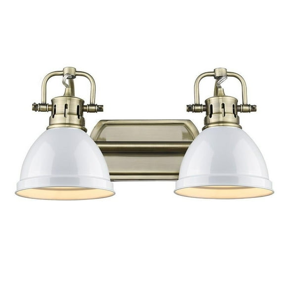 2 Light Vintage Industrial Bathroom Vanity in Aged Brass and Rubbed Bronze Shade-Aged Brass Finish-White Shade Color Bailey Street Home
