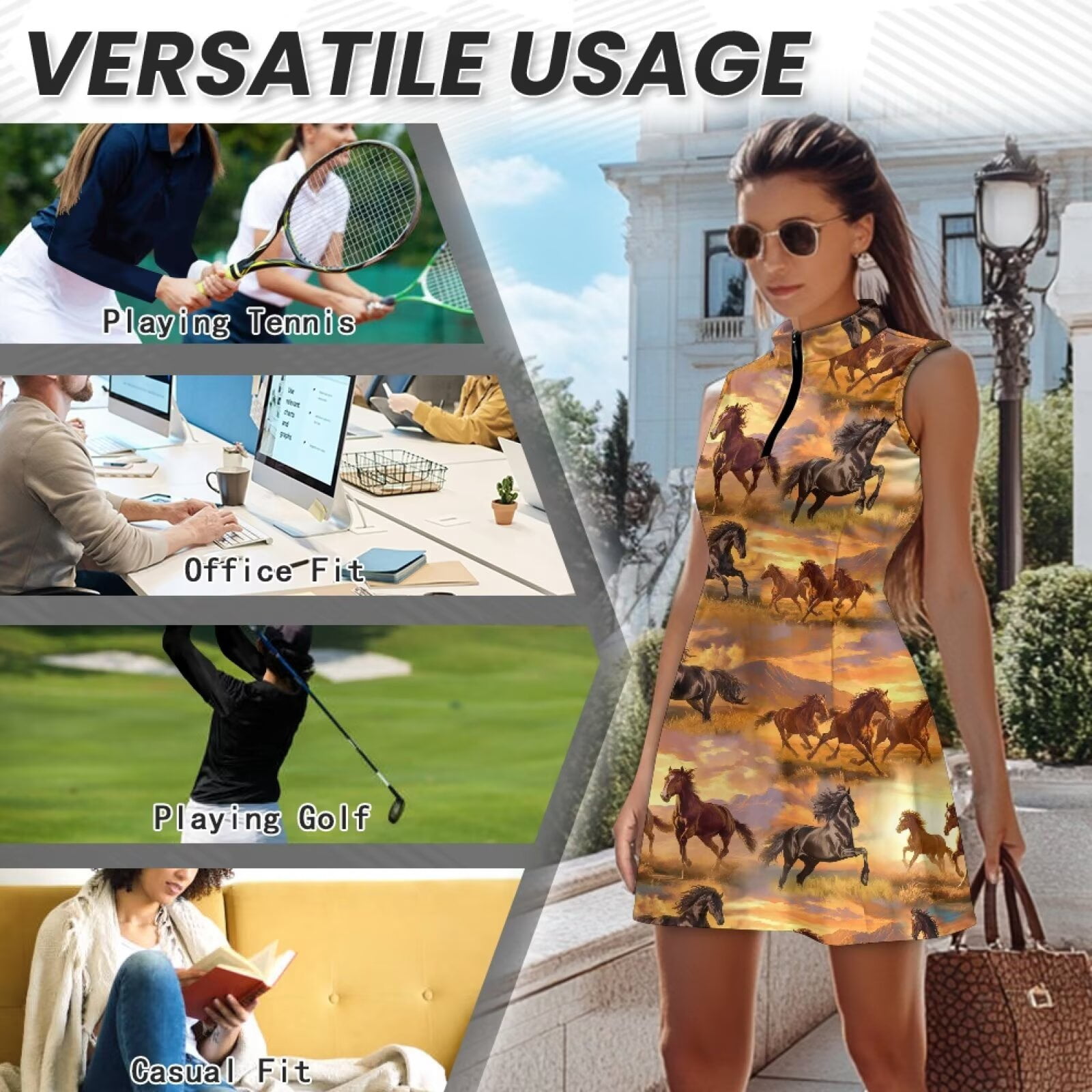Yuyamidu Running Horse Womens Tennis Golf Dresses V Neck Workout Dress with Shorts and Pockets Active Exercise Athletic Dresses for Women Trendy Golf Outfit Size L