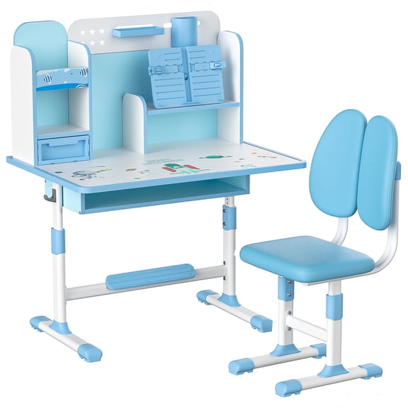 Cbehtwi Kids Desk and Chair Set, Ergonomic Height Adjustable Kids Desk with Cartoon Pattern, Book Stand, Steel Hook and Storage Drawer for Boys & Girls(Blue)