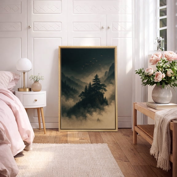 Framed Canvas Print Moody Mountain Forest Wall Art Dark Atmospheric Nature Landscape Decorative for Living Room Bedroom - 16"x24" NATURAL