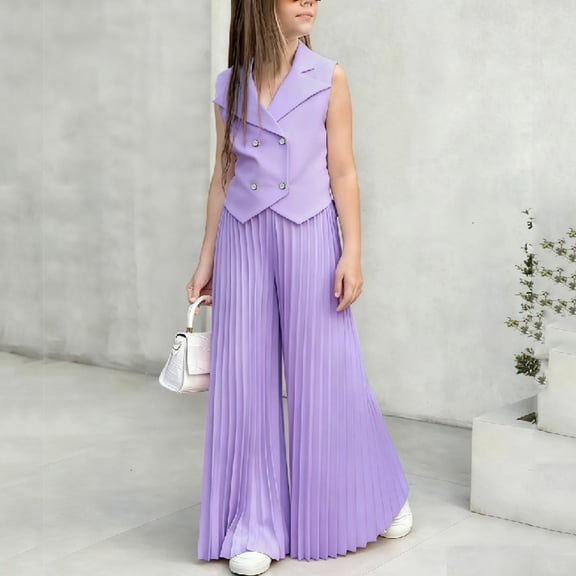 Girls Summer Clothing Set Double Breasted Sleeveless Lapel Blazer Vest with Pleated Wide Leg Pants 2 Piece Outfits Purple 8-9Years
