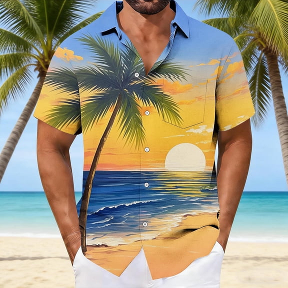 Yaoyar Mens Hawaiian Shirts Short Sleeve Summer Coconut Tree Print Casual Button Down Beach Aloha Shirts
