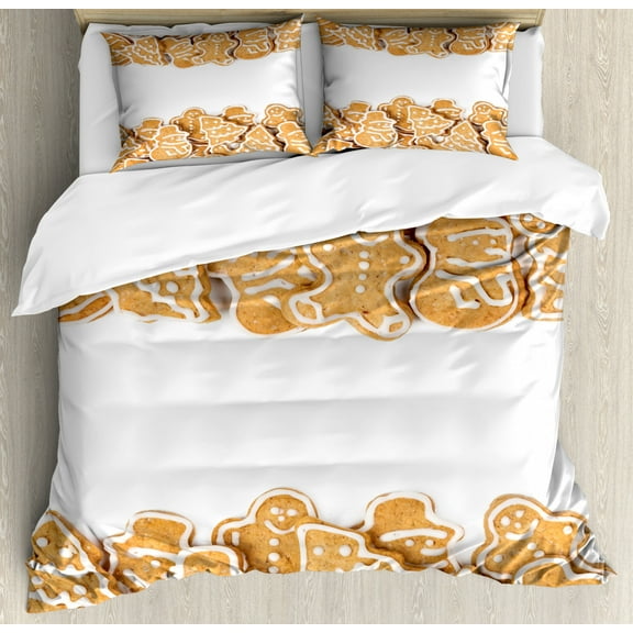 Cookie Duvet Cover Set Queen Size, Different Forms of Cuts with Icing Outlines Crunchy Aromatic Snacks Festive, 3 Piece Bedding Set with 2 Pillow Shams, Sand Brown White, by Ambesonne