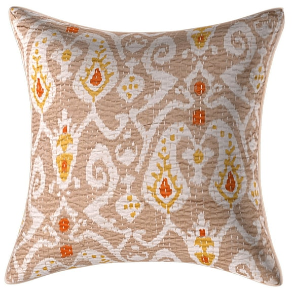 Stylo Culture Ethnic Decorative Throw Pillow Cover 16 x 16 Kantha Beige Printed 40 x 40 cm Bedroom Decor Pillowcase Cotton Ikat Square Cushion Cover | 1 Pc