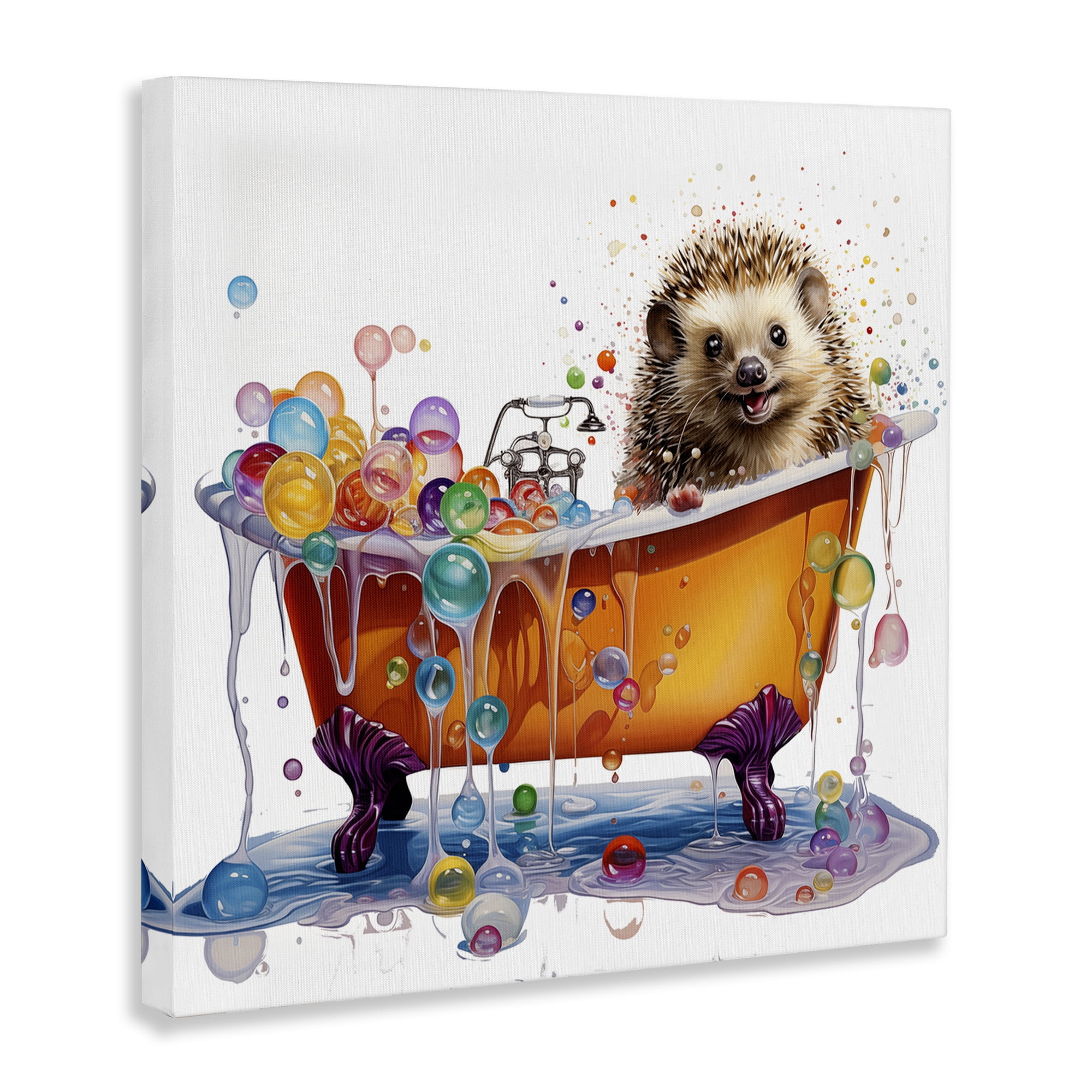 Stupell Industries Happy Hedgehog Bubble Bath Bath & Laundry Painting Wrapped Canvas Art Print Wall Art, 17 x 17