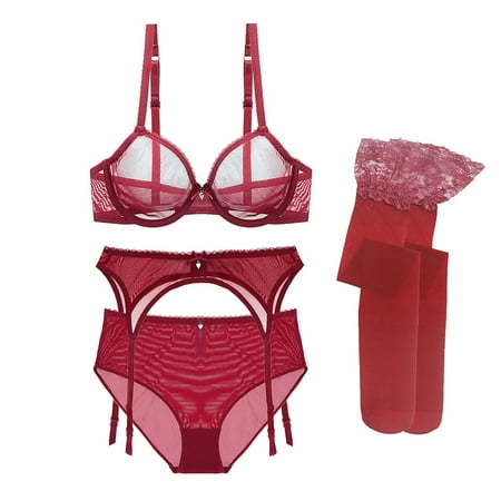 

Varsbaby Women s Underwire Sheer Bra and High Waist Panties Sets and Sheer Garter Belt with Stockings