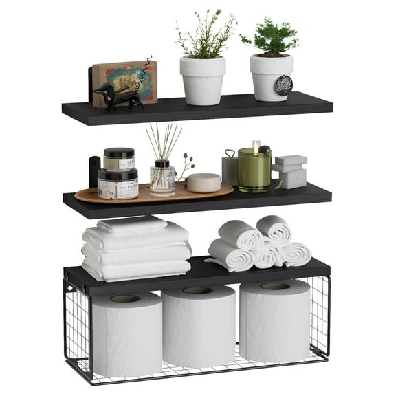 Bathroom Shelf Over Toilet, Floating Bathroom Shelf Wall Mounted with Wire Basket, Floating Shelf for Wall Décor