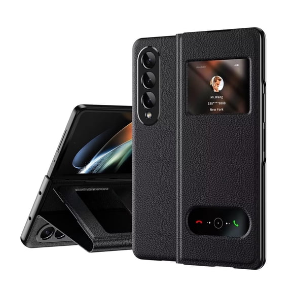 MonsDirect for 7.6 inch Samsung Galaxy Z Fold 3 5G 2021 Case, Nappa Leather with Flip Folding Magnetic Face Cover, Window Design with Hidden Kickstand Full Protective Case for Galaxy 3, Black