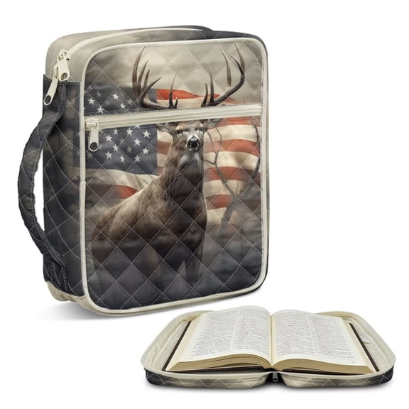 Xoenoiee Deer American Flag Print Bible Cover Case for Women Men Large Bible Cover with Handle Quilted Bible Carrying Case Bible Study Supplies Accessories with Pocket