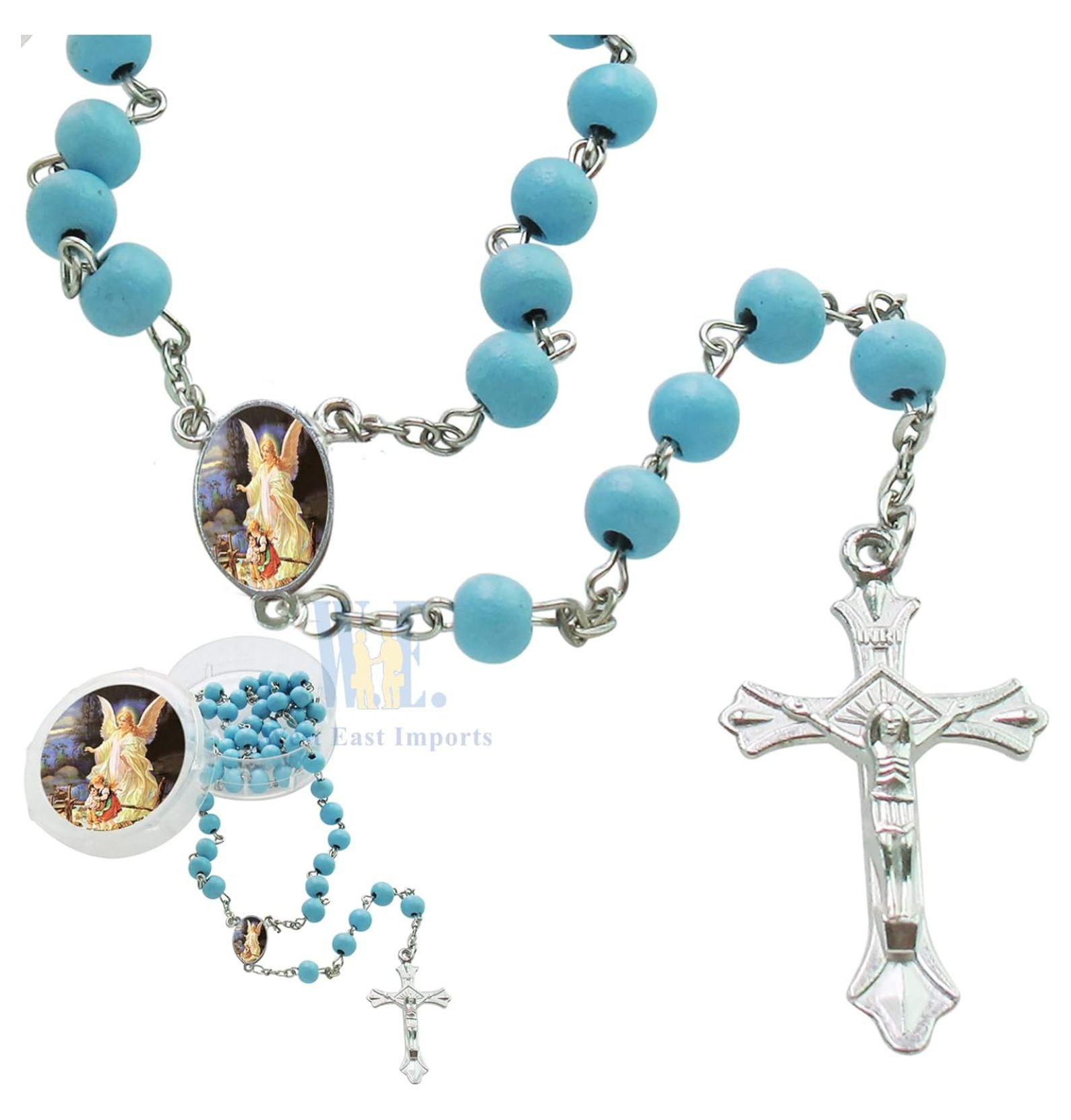 Baptism First Communon Blue Scented Wood Rosary Favor - 12pcs Angel Rosaries with individual Gift Box and Decorated Pouches
