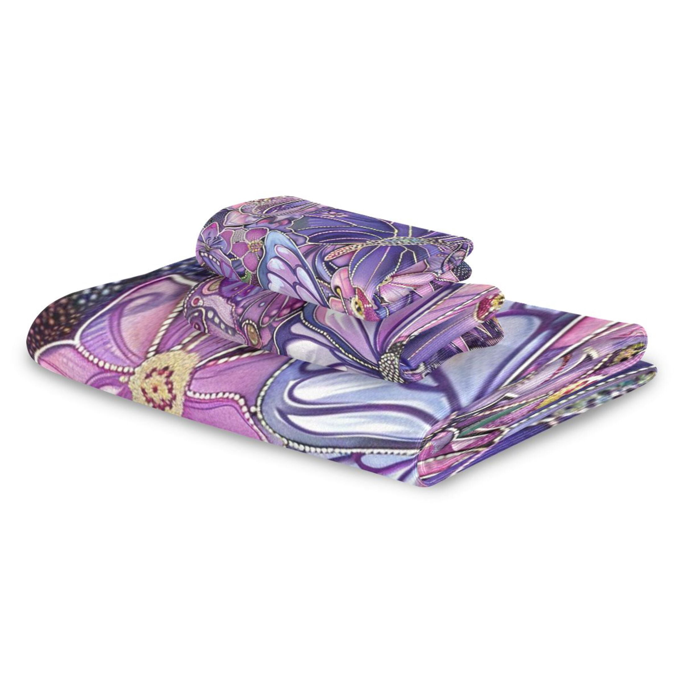 BZSMCE 3piece Bath Towel Sets Hand Bath Towels Fashion Purple Butterfly Garden Printed Towel Sets