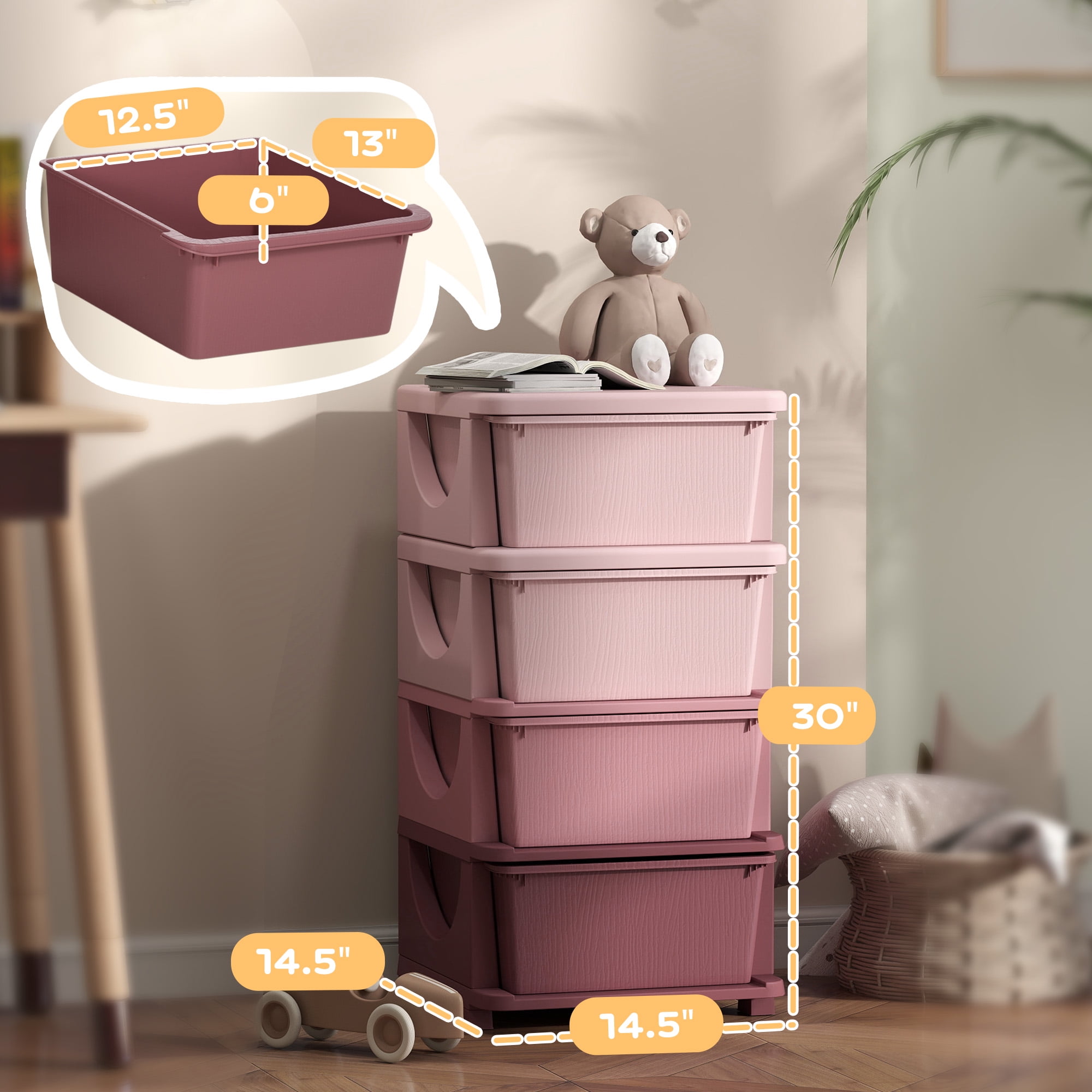 Qaba 4 Tier Kids Storage Unit Dresser Tower with Drawers Chest Toy Organizer for Bedroom Nursery Kindergarten Living Room for Boys Girls, Pink