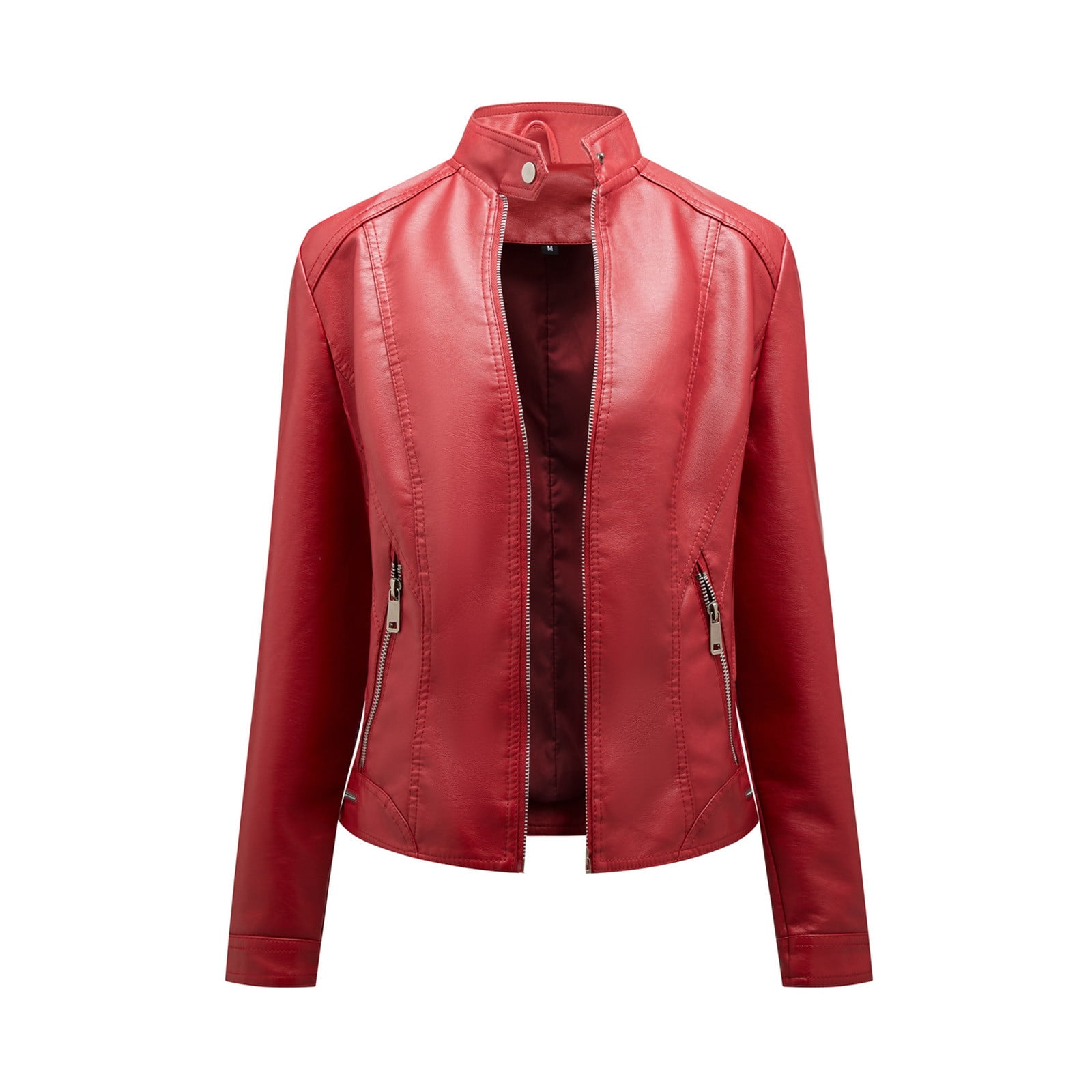 YOIAVAIOY Moto Jackets for Women Faux Leather Cropped Jacket Long Sleeve Zip Up Bomber Jacket Slim Biker Coat Wine L