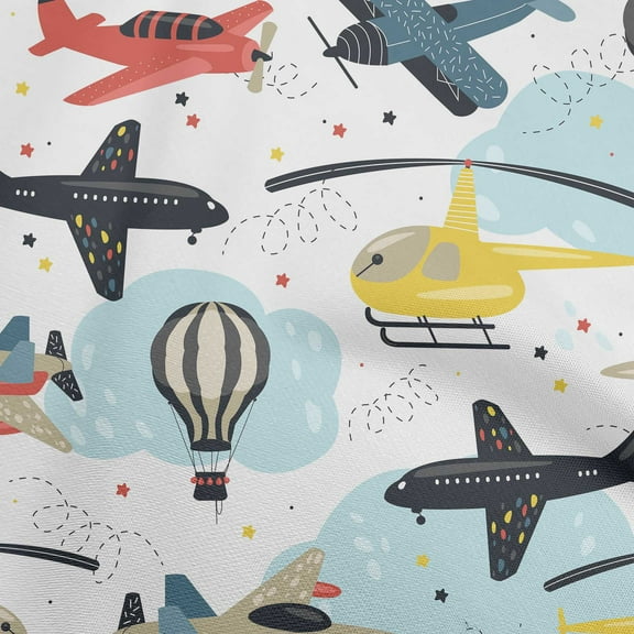 oneOone Polyester Lycra White Fabric Airplane Nursery Kids Sewing Material Print Fabric By The Yard 56 Inch Wide