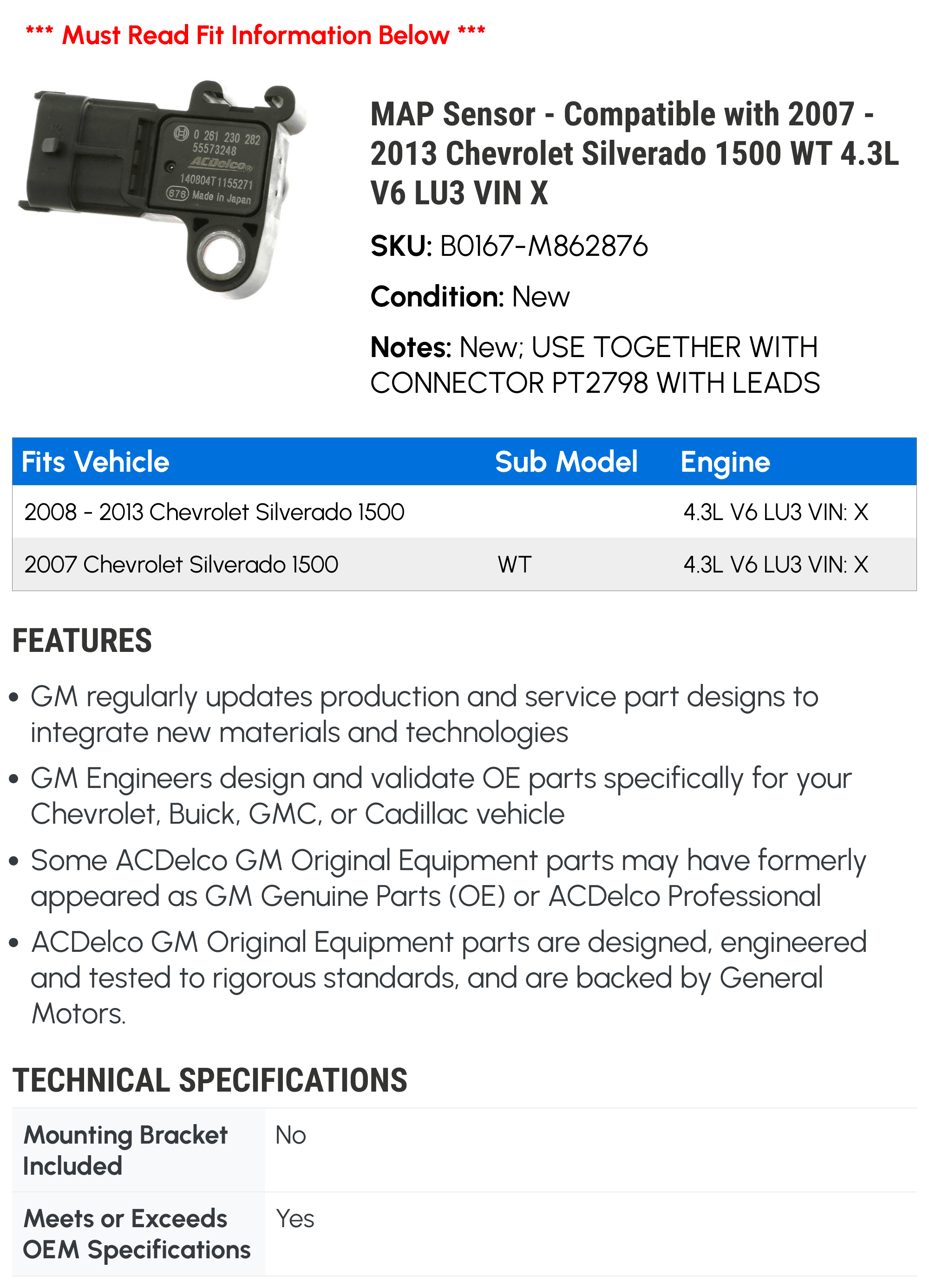 MAP Sensor - Compatible with 2007 - 2013 Chevy Silverado 1500 WT 4.3L V6 LU3 VIN X 2008 2009 2010 2011 2012
