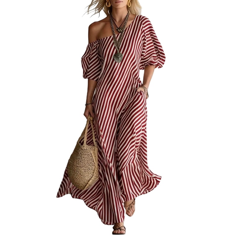 red striped off the shoulder dress Rosie Assoulin Red Stripe Falling Off the Shoulder Midi Dress Red Stripe / XS