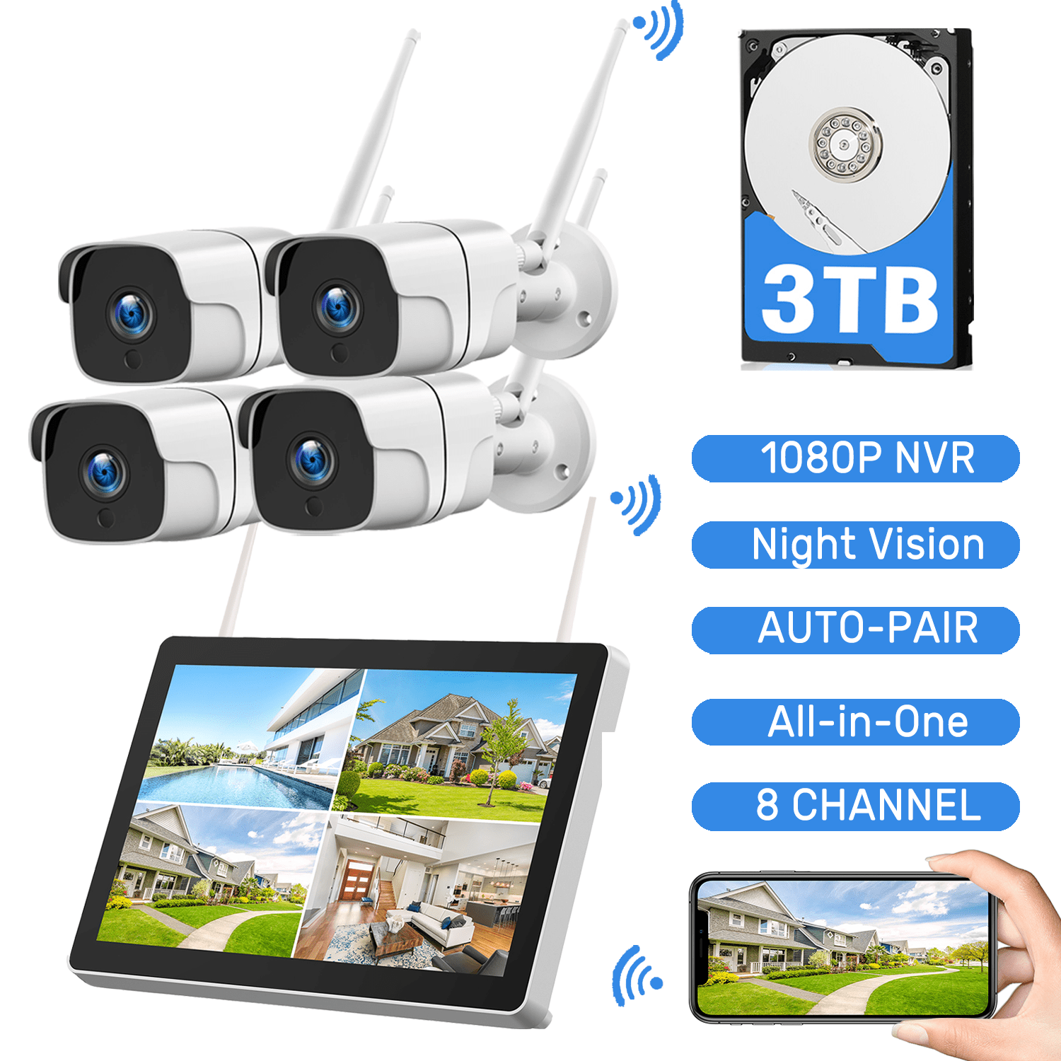 TOGUARD Kit de Caméra Surveillance WiFi Extérieure 8CH 1080P NVR 4Pcs 1080P Video Surveillance sans Fil avec Détection de Mouvement Branchez & Joue IP66 Imperméable Vision Nocturne Alerte E-mail 