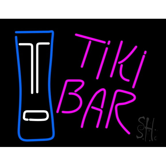 Pink Tiki Bar with Logo LED Neon Sign 24 x 31 - inches, Clear Edge Cut Acrylic Backing, with Dimmer - Bright and Premium built indoor LED Neon Sign for Bar decor.