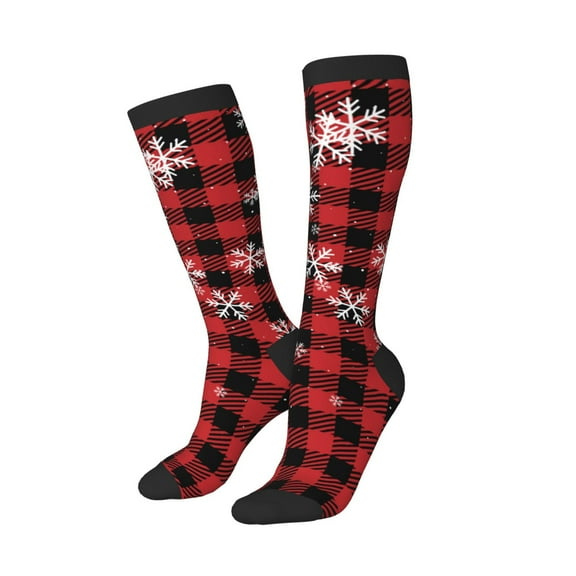 Knee High Socks for Women Men Athletic - Red Buffalo Plaid Thigh-High Black Sole Comfort Breathable Long Socks for Casual Travel Running