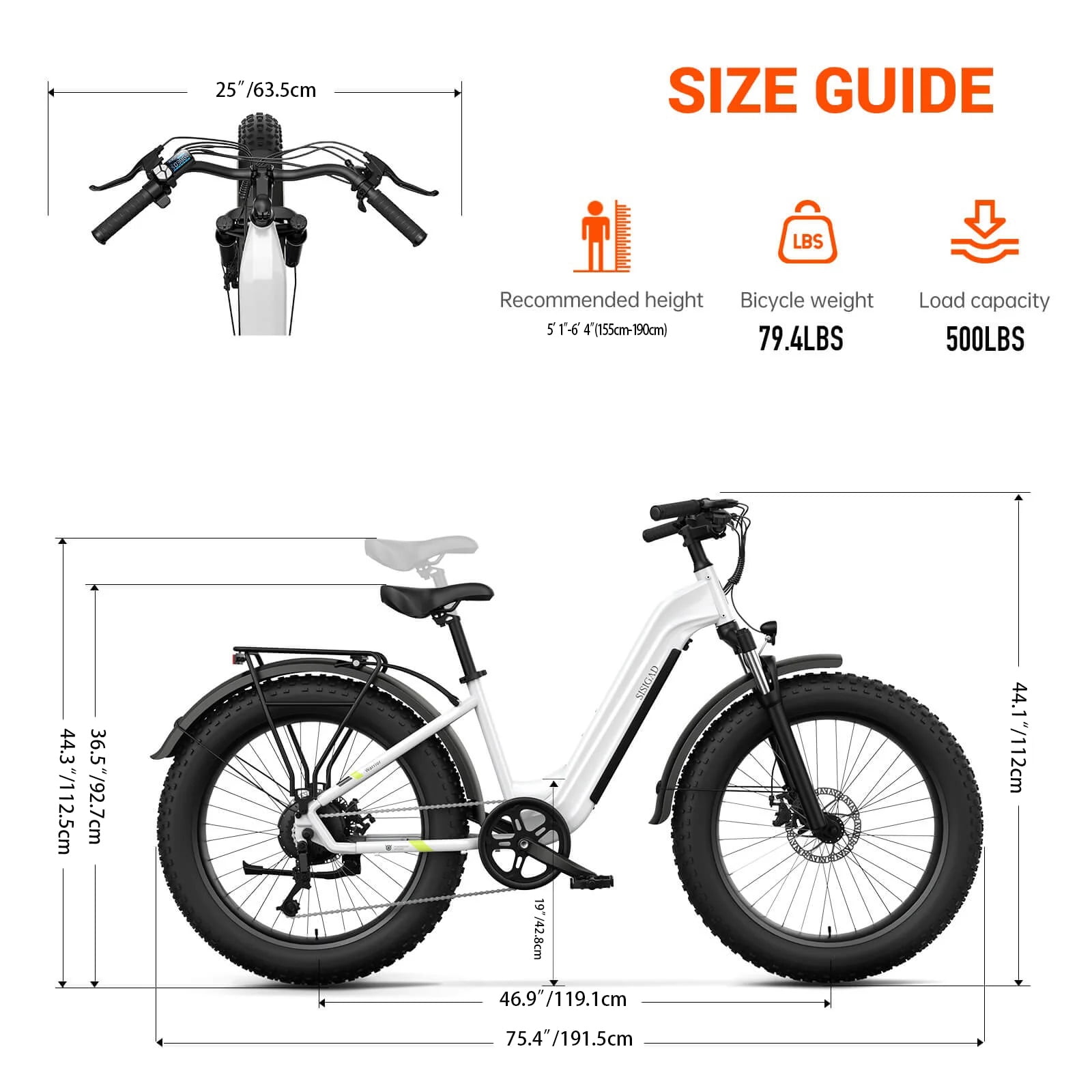 SISIGAD Electric Bike, Peak 750W 28 Mph E-Mountain Bike for Adults, 48V/500WH Battery, 26" Off-Road Tires, UL2849, White Gray