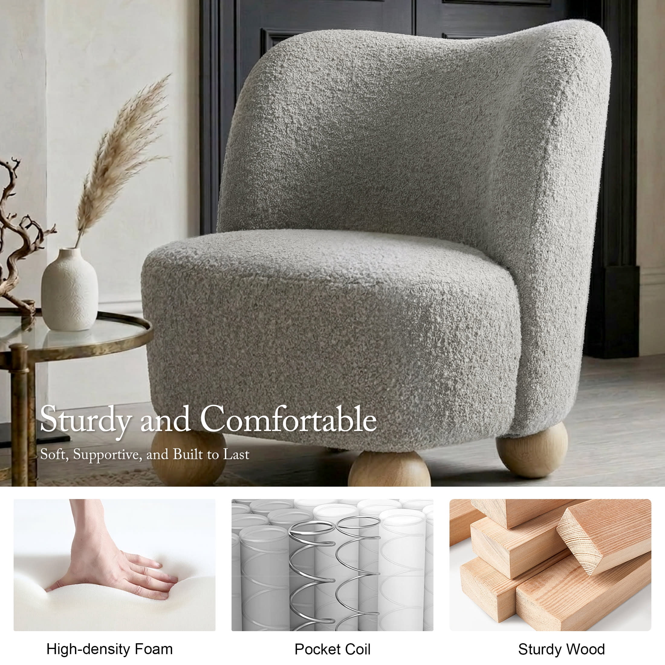Aenkyo Contemporary Boucle Armless Accent Chair with Sculptural Wood Ball Feet, Gray