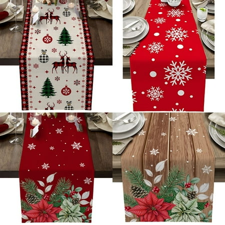 

Yoyauz Christmas Table Runner 13 x 72 Inch Decorations Red Plaid Linen Burlap Santa Reindeer Pattern Table Cover for Winter Xmas Theme Parties