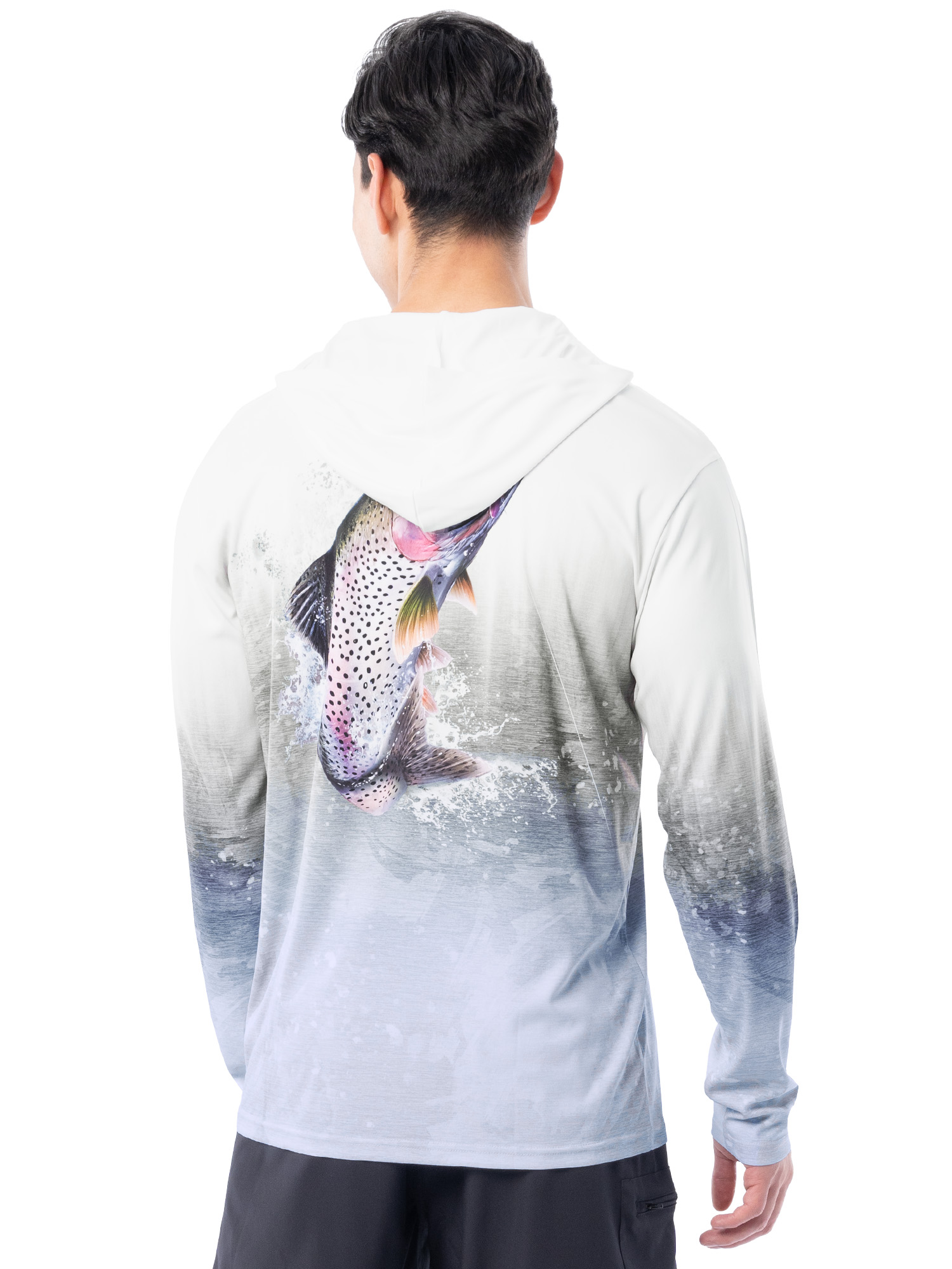 Fish N Vibe Men's Long Sleeve Performance UPF 30 Fishing Graphic Hoodie, Rainbow Canvas - Off-White, L