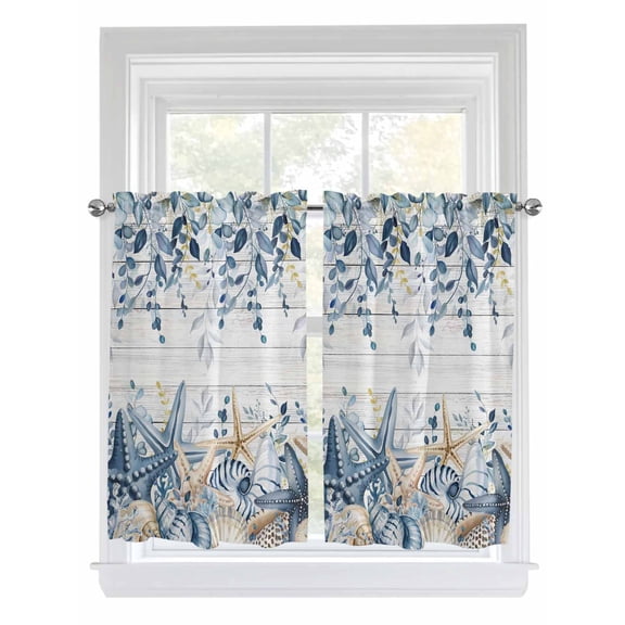 Blue Eucalyptus Coastal 2 Panel Kitchen Curtains for Windows, Beach Starfish Shell Nautical Retro Bathroom Privacy Curtain, Home Décor Window Treatment for Bedroom/Living Room 55"x45"