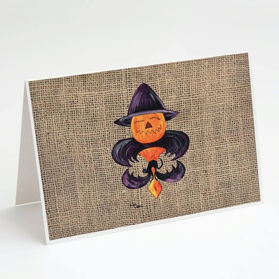 Halloween Pumpkin and Bat Fleur de lis on Faux Burlap Greeting Cards and Envelopes Pack of 8