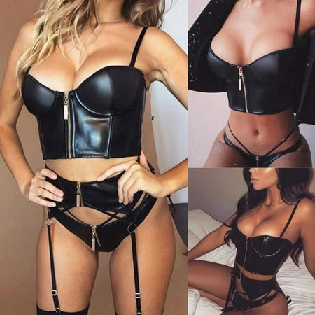 

YDKZYMD Women Lingerie Sexy Leather Pajamas Bralette with Garter Bra and Panty