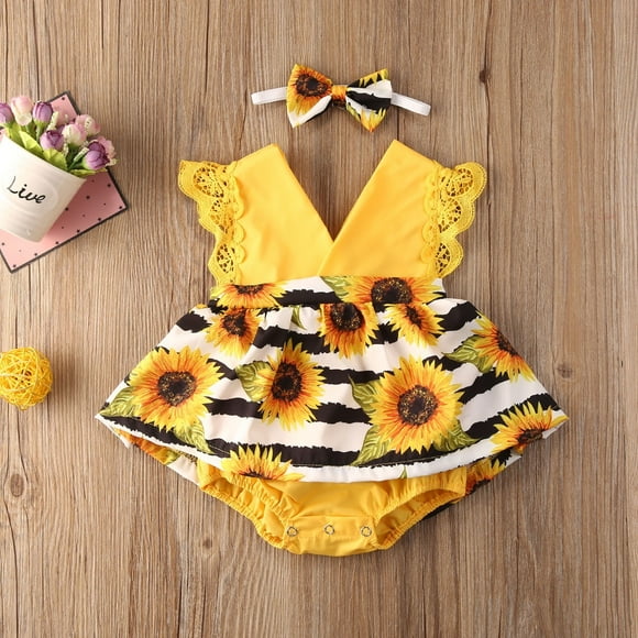 Newborn Baby Girls Sunflower Romper Off Shoulder Bodysuit Jumpsuit Sunsuit Outfits Set Age for 0-24 Months