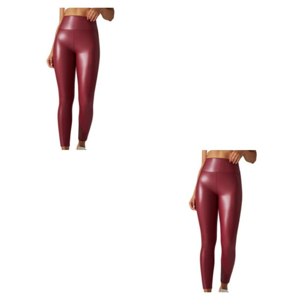 Qarigey Mallas de cuero PU para mujer, pantalones pitillo de Yoga, pantalones pitillo sin grietas, mallas deportivas de moda, talla grande, Rojo 3XL 2piezas