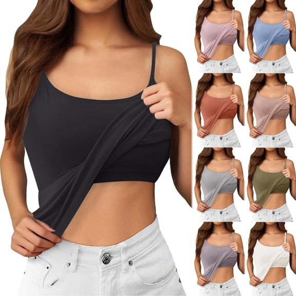 Xmyrz Womens Tank Tops With Built In Bras Summer Casual Plus Size Double Lined Basic Camisole Top Crew Neck Sleeveless Padded Workout Tees
