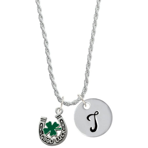 Delight Jewelry Silvertone Good Luck Horseshoe with Green Four Leaf Clover Silvertone Script Initial Disc - T - Charm Necklace, 20"+3"