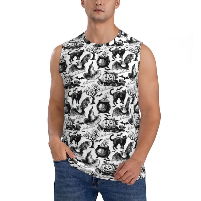 Fotbe Black White Halloween Men's Camiseta sin Mangas Estampada para Hombres, Playera Casual para Gimnasio, Entrenamiento, Playa-Large