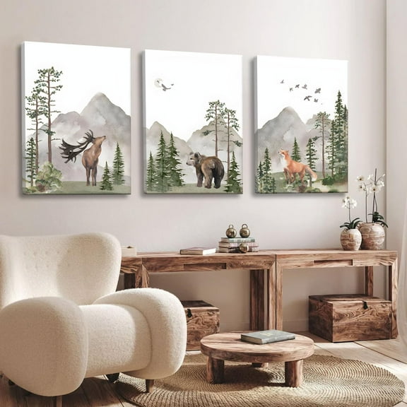 Woodland Nursery Wall Art Wild Animals Forest Wall Decor Prints Adventure Theme Canvas Posters Deer Bear Fox Watercolor Pictures Paintings for Boys Room Girls Room