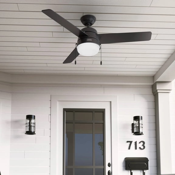 Restored Hunter Fan 52 inch Contemporary Black Indoor/Outdoor Ceiling Fan with Light Kit and Pull Chain for Porch, Bedroom, Living Room, Office, Basement, Kitchen, Dining Room (Refurbished)