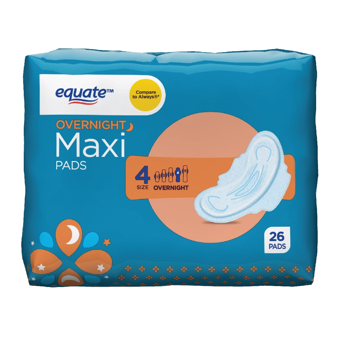 Equate Maxi Pads with Wings, Unscented, Overnight, Size 4 (26 Count)