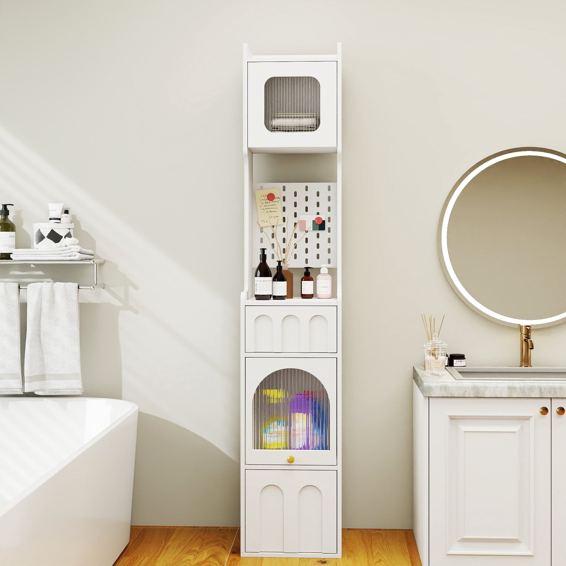 Tall Bathroom Storage Cabinet Narrow Unit with 2 Drawers Glass Door, White